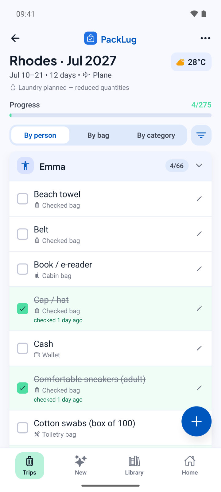 A family's packing list for Rhodes, Greece, grouped by traveller, with some items already ticked off